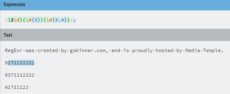 RegEx test using RegExr