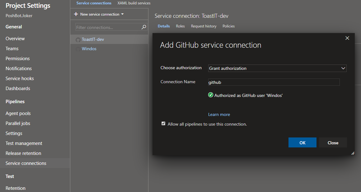 Creating a new GitHub service connection